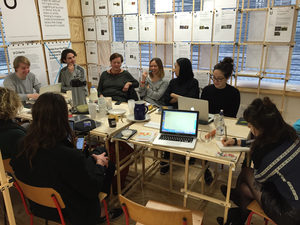 Students from Goldsmiths Centre for Research Architecture use the archive room to discuss the next project at Arts Catalyst, building on Arte Util; Everyday Urbanism: Architecture as Social Process.