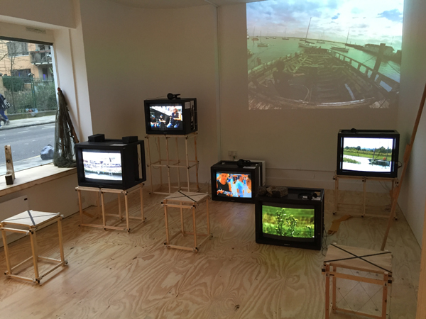 Installation shot of the Wrecked on the Intertidal Zone presentation in Notes from the Field: Commoning Practices in Art & Science.