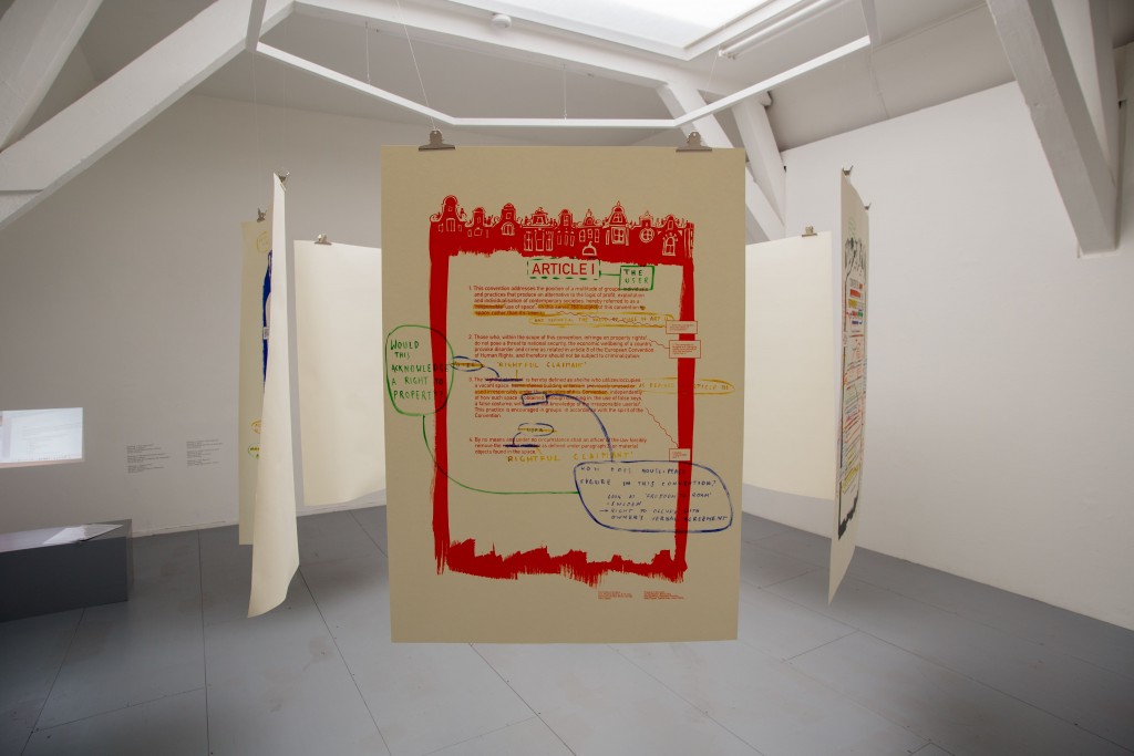 Adelita Husni-Bey, White Paper: The Law, 2015, six silk-screen posters on cotton rag, each 55 1/8 × 39 3/8". From the series “White Paper,” 2014–16. Installation view, Casco Art Institute: Working for the Commons, Utrecht, Netherlands, 2015. Photo: Niels Moolenaar.