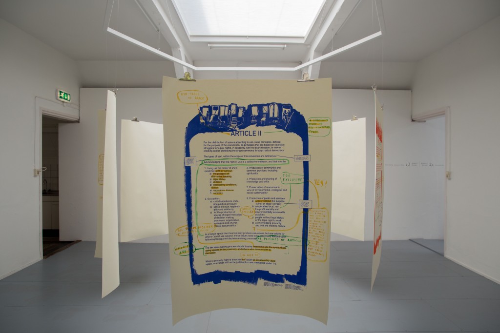 Adelita Husni-Bey, White Paper: The Law, 2015, six silk-screen posters on cotton rag, each 55 1/8 × 39 3/8". From the series “White Paper,” 2014–16. Installation view, Casco Art Institute: Working for the Commons, Utrecht, Netherlands, 2015. Photo: Niels Moolenaar.